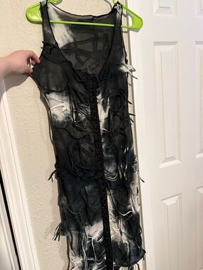 Black & White Distressed Sheer Tie-Dye Dress